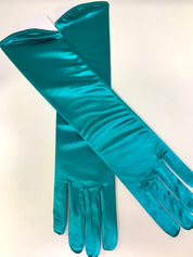 teal satin gloves