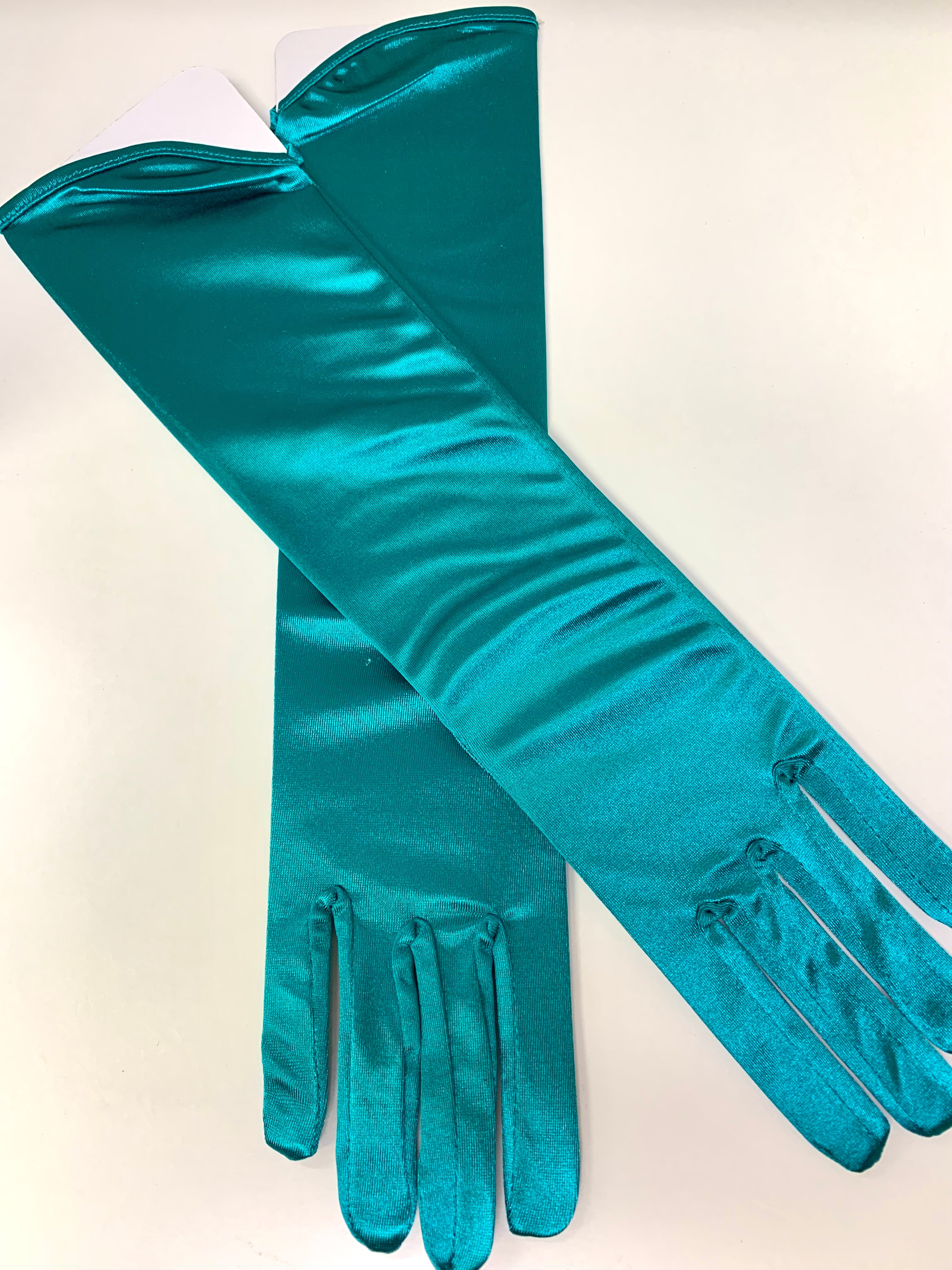 teal satin gloves