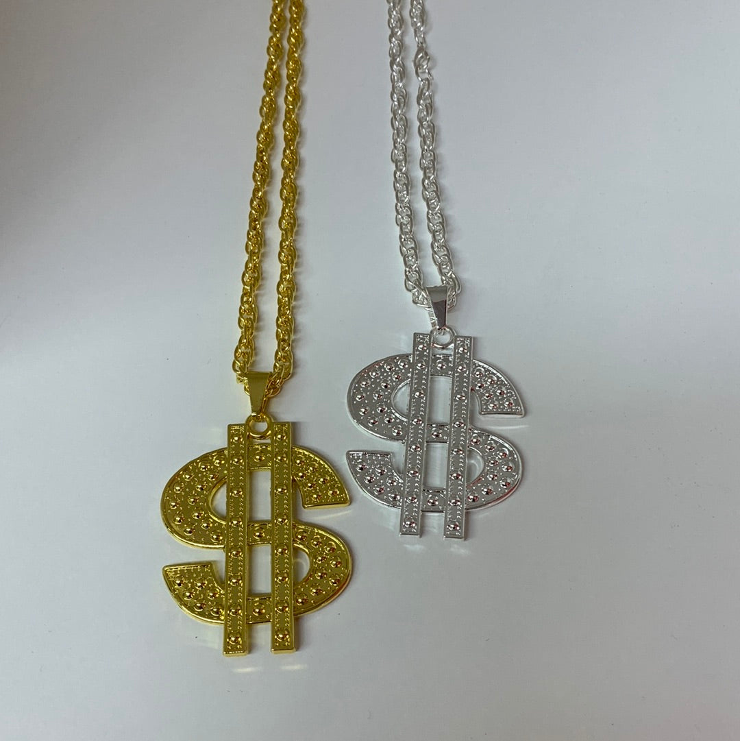 gold or silver metal dollar sign on chain pimp gangster