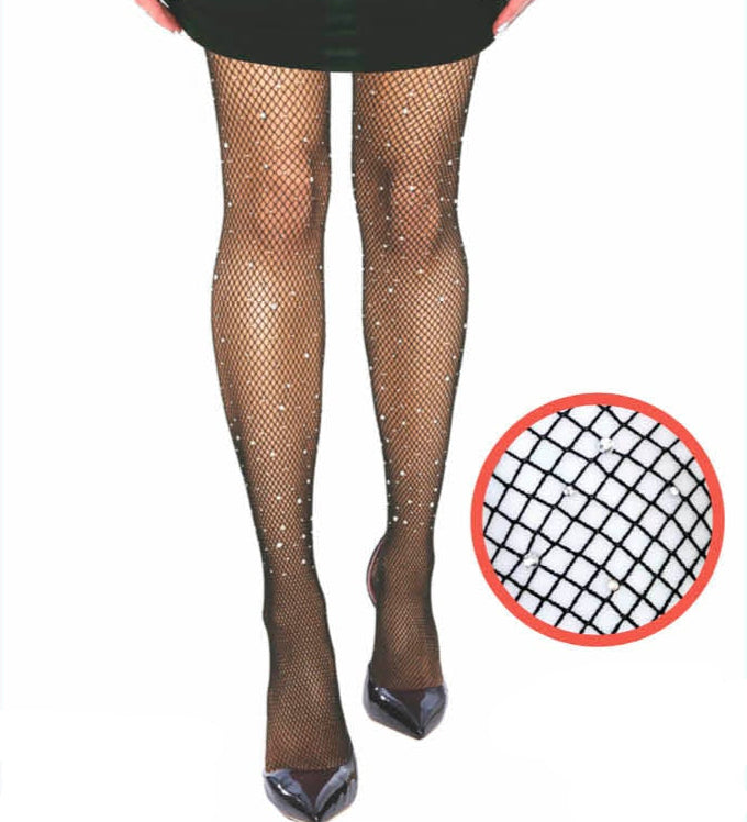 black fishnet pantyhose with rhinestones
