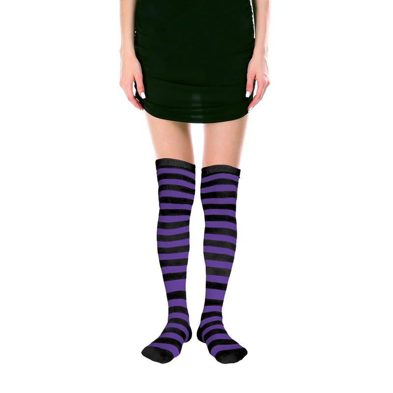 over the knee socks stockings witch halloween horror purple black striped