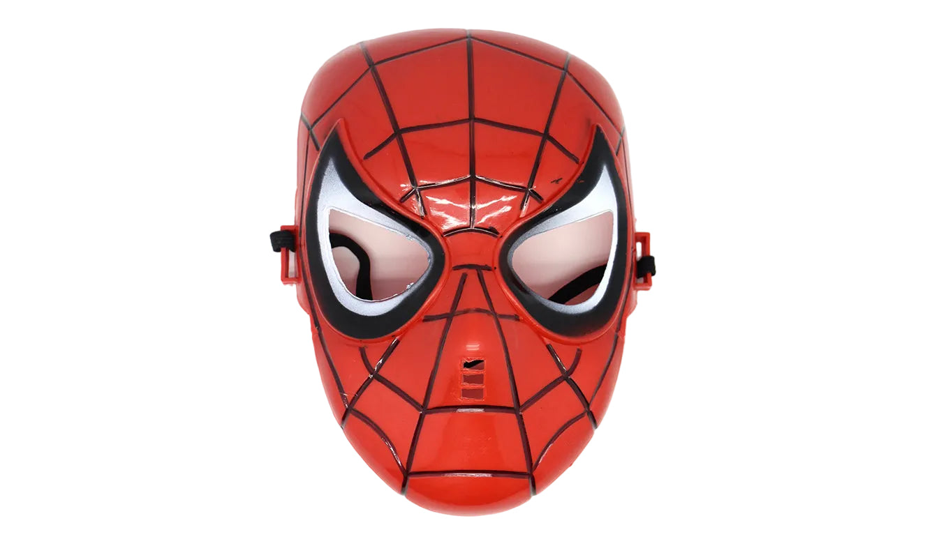 A red Spider-Man style superhero mask with black web patterns and large white eye cutouts, shown against a plain white background.