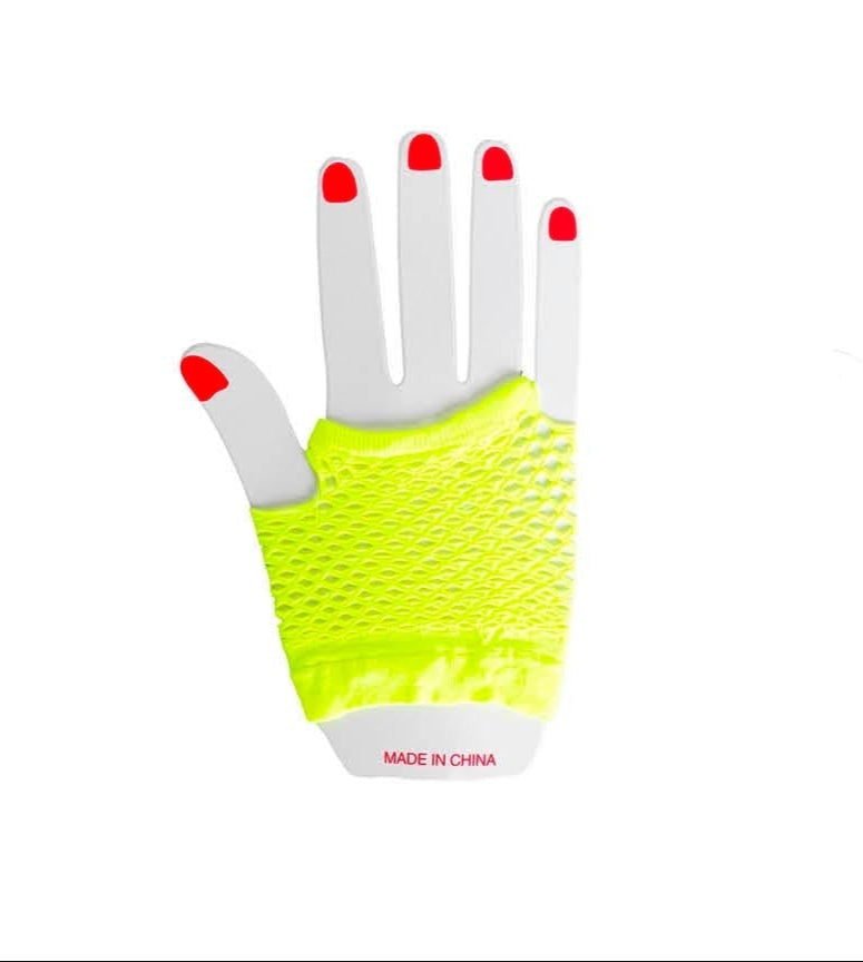 short fishnet neon yellow gloves punk 1980s neon mesh 80s Cyndi Lauper