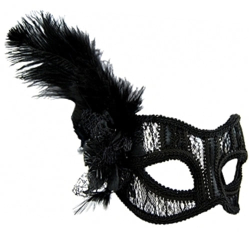 Mask - Black Lace with Feather