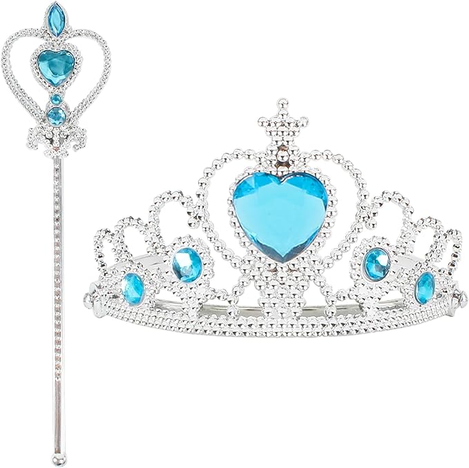 Princess tiara and wand set with blue heart-shaped gemstones dress up