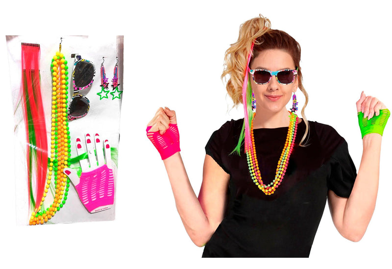 80s neon 80s party 1980 retro cyndi lauper madonna glasses fishnet gloves, beads 