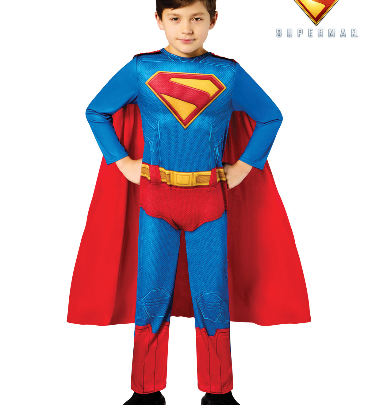 Child  Superman costume with a red cape and blue suit\