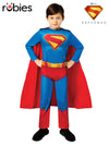 Child  Superman costume with a red cape and blue suit\