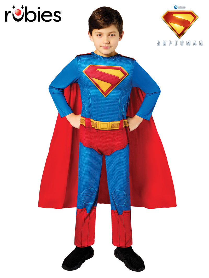 Child  Superman costume with a red cape and blue suit\