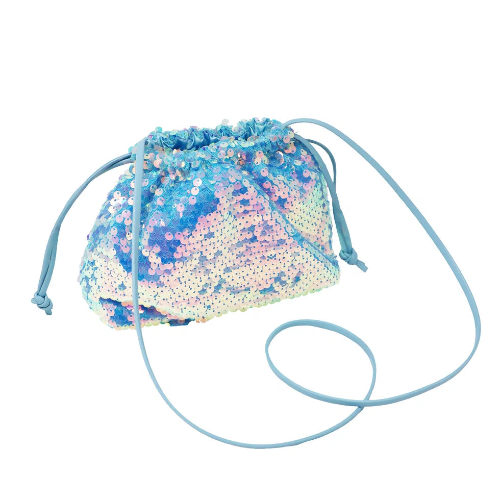 Mermaid Blue Sequin Cross Body Drawstring Bag