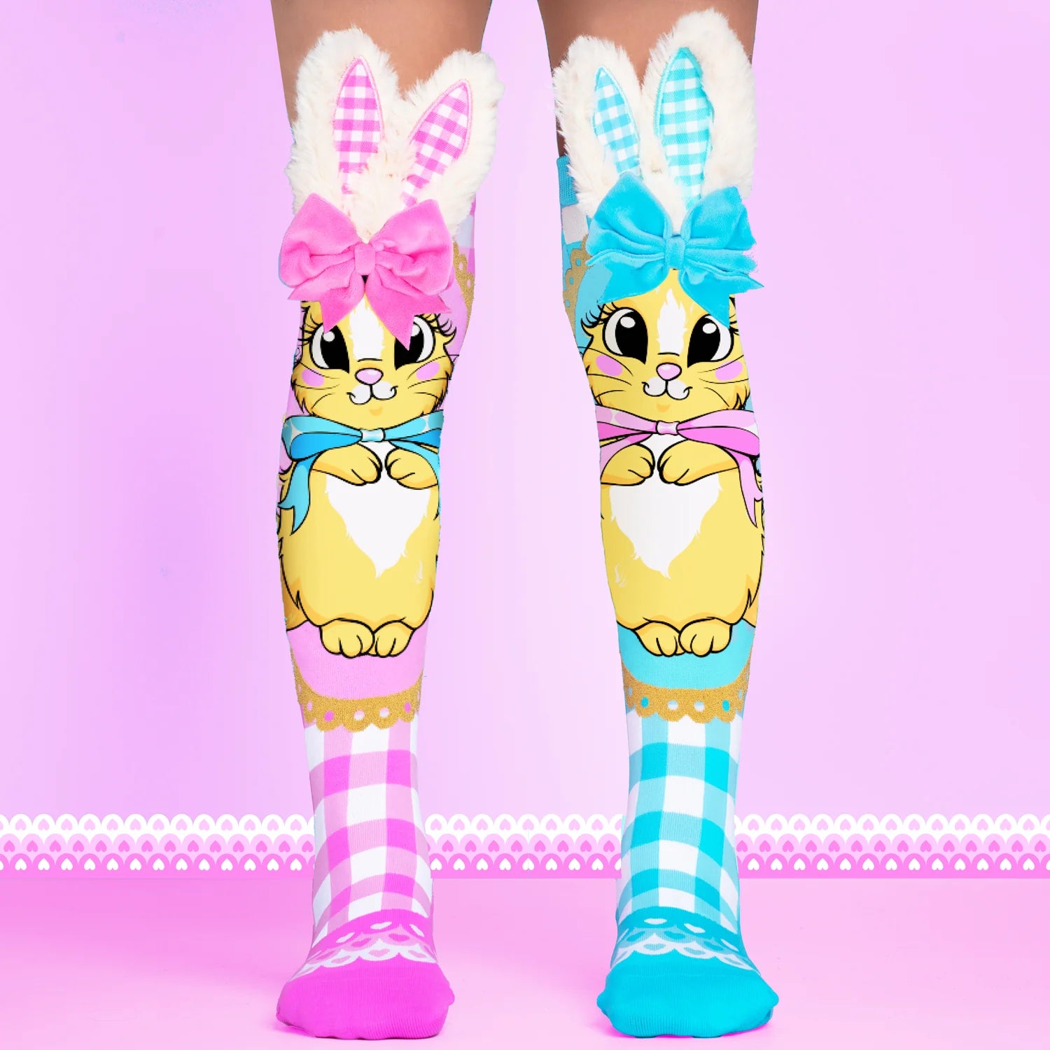 Buttercream Bunny knee high socks by MADMIA with pink and blue gingham design