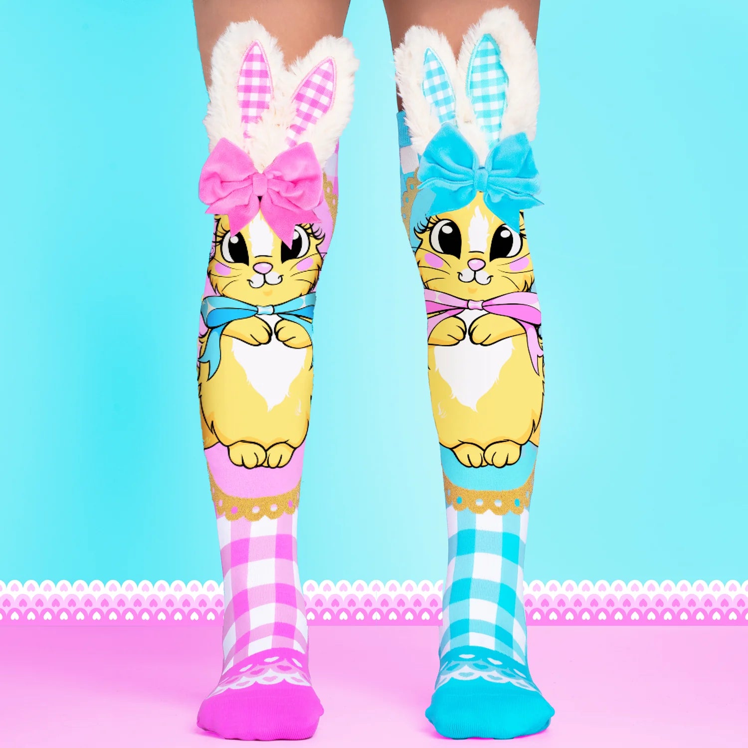 Buttercream Bunny knee high socks by MADMIA with pink and blue gingham design