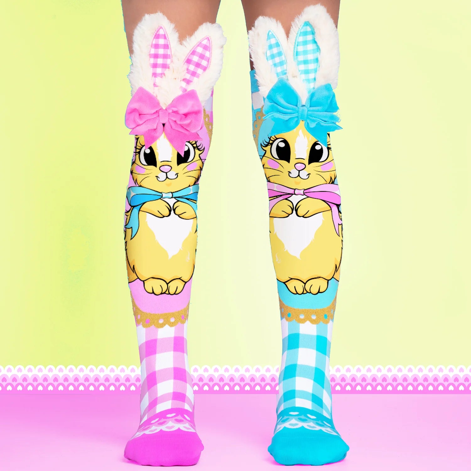 Buttercream Bunny knee high socks by MADMIA with pink and blue gingham design