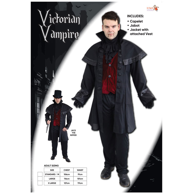 Victorian Vampire costume with capelet, jabot, and jacket on a white background
