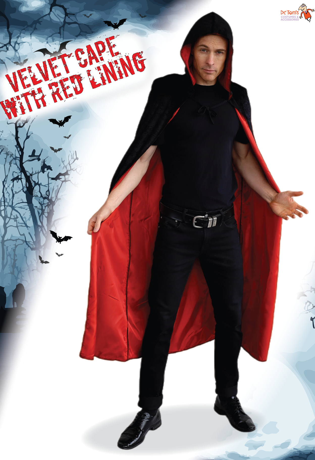 Adult Black Velvet Cape with Hood - Black with Red Lining