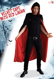 Adult Black Velvet Cape with Hood - Black with Red Lining