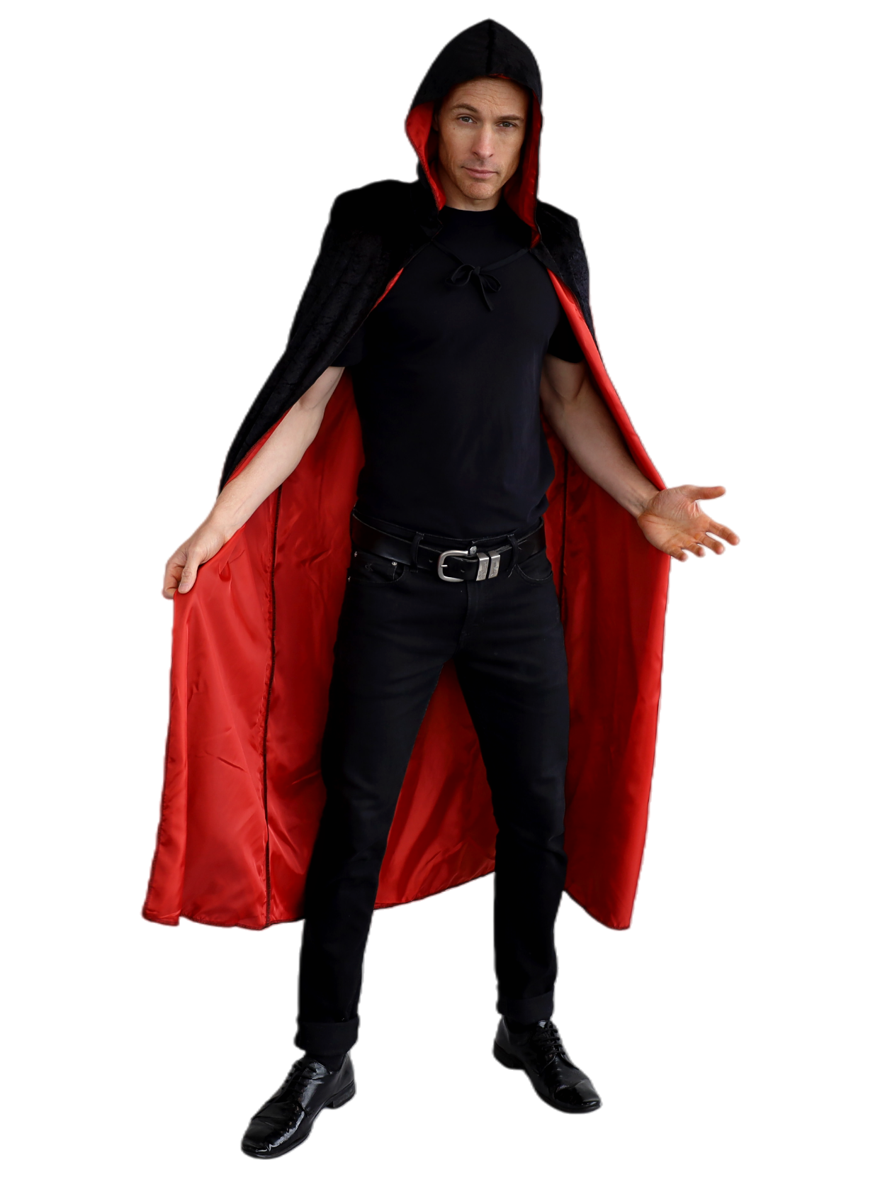 Adult Black Velvet Cape with Hood - Black with Red Lining