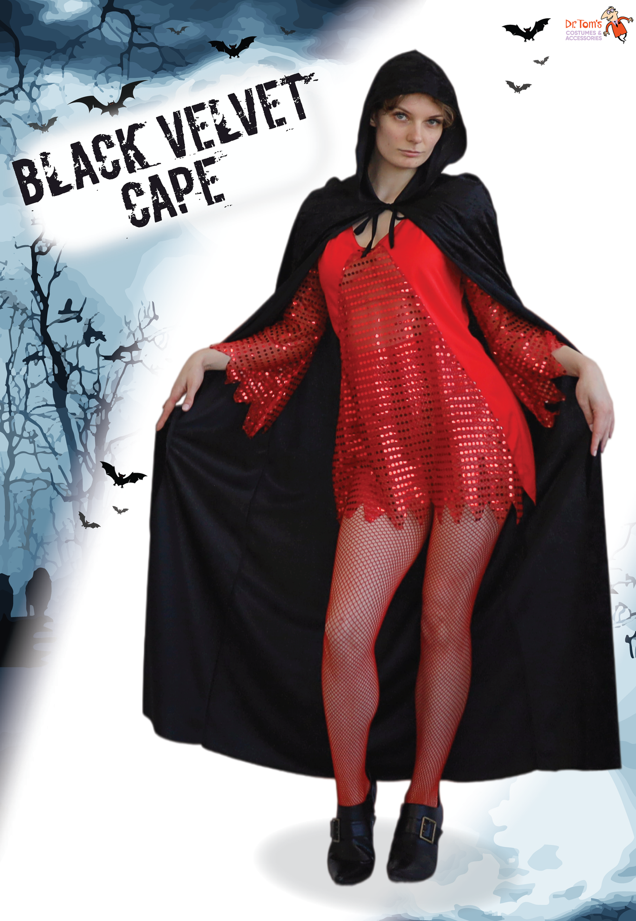 Black Velvet Cape with Hood - Adult
