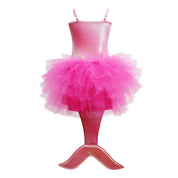 A pink mermaid costume dress with a shimmering metallic pink bodice, a layered bright pink tutu skirt, and a glossy pink tail fin at the bottom, shown on a plain white background.