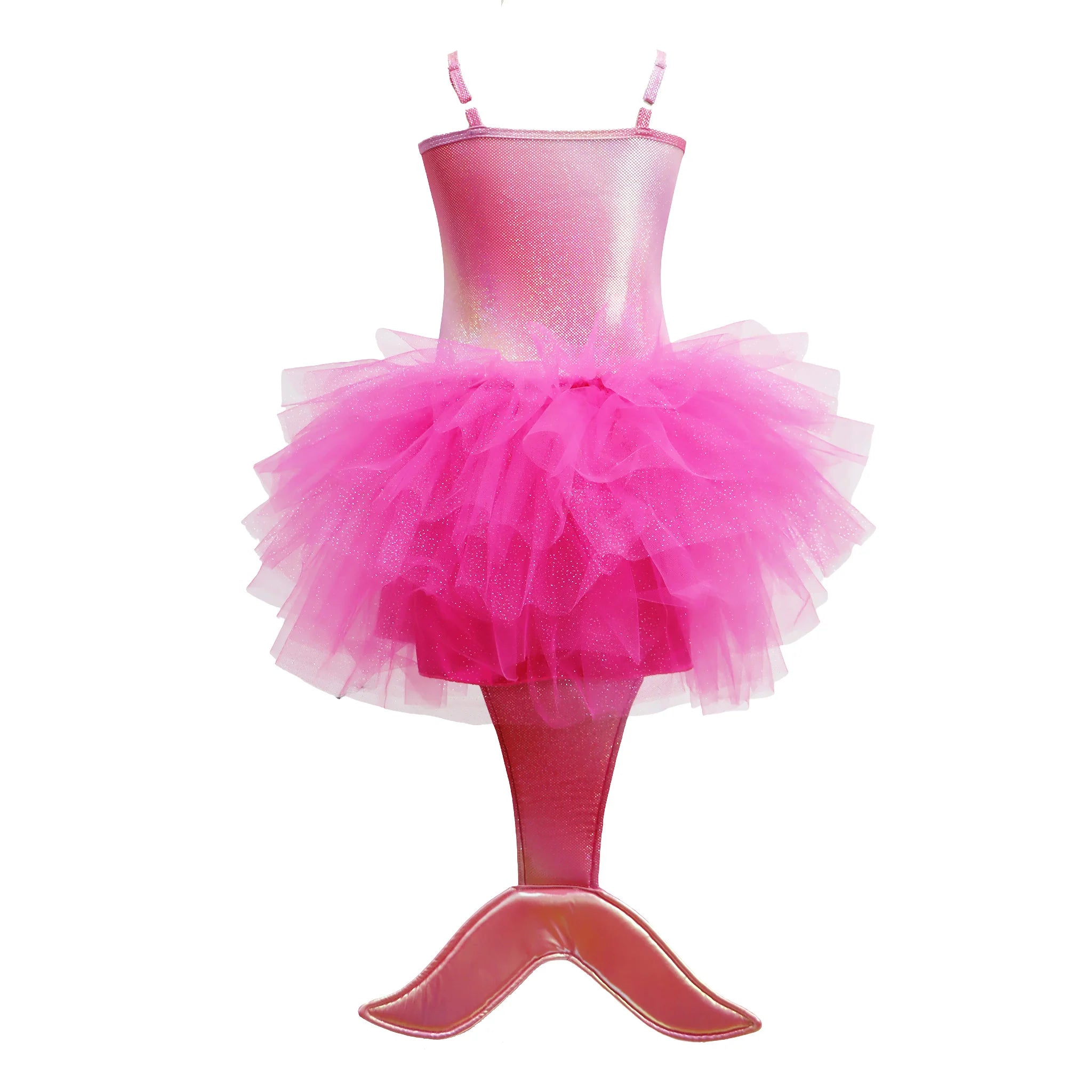 A pink mermaid costume dress with a shimmering metallic pink bodice, a layered bright pink tutu skirt, and a glossy pink tail fin at the bottom, shown on a plain white background.