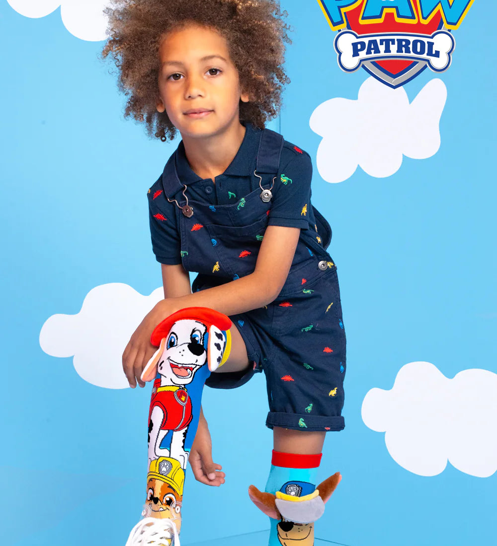 Kids wearing MADMIA Paw Patrol knee high character socks with 3D features