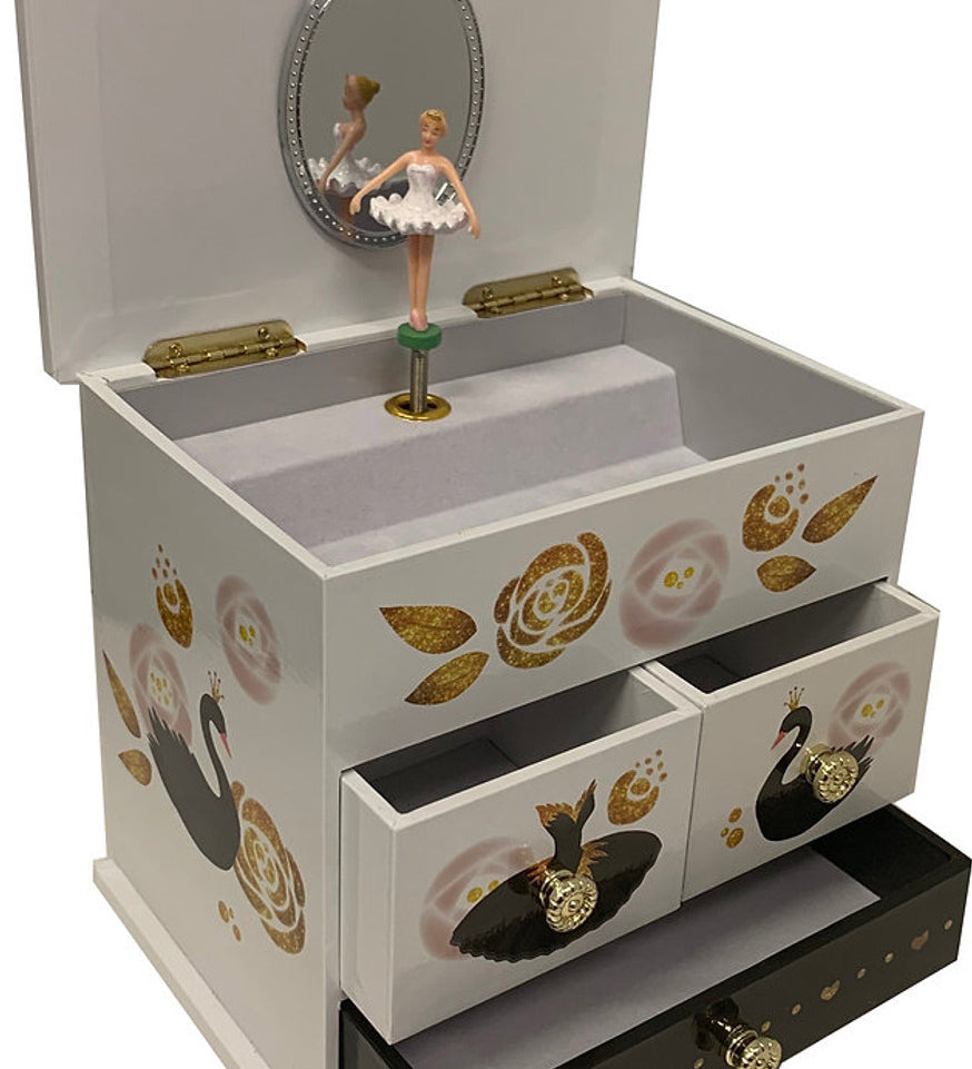 Musical Black Swan Jewellery Box with Drawers