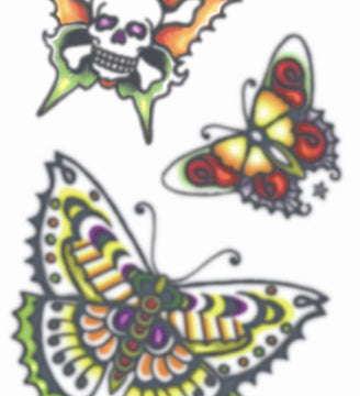 Colorful butterfly designs with a skull in the center on a white background
butterflies tattoo vintage temporary tattoos