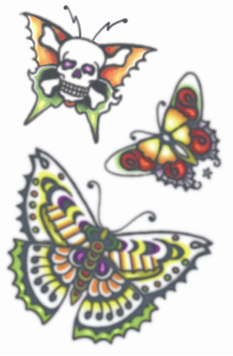Colorful butterfly designs with a skull in the center on a white background
butterflies tattoo vintage temporary tattoos