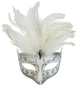 FEATHERED MASQUERADE MASK - SILVER/WHITE