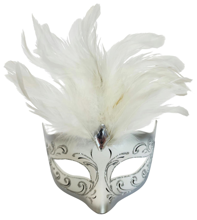 FEATHERED MASQUERADE MASK - SILVER/WHITE masquerade ball 