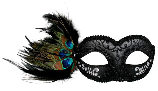 Adrianna Black & Silver Peacock Feather Eye Mask