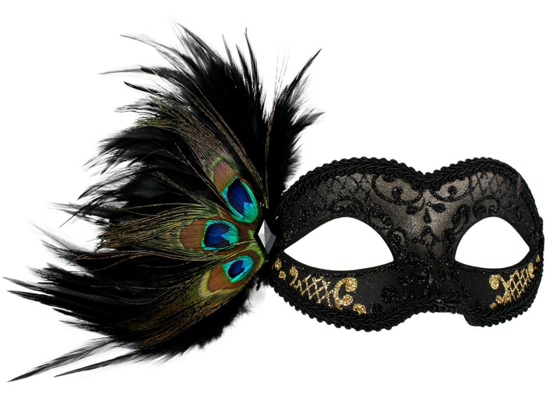 Adrianna Black & Gold Peacock Feather Eyemask masquerade mask