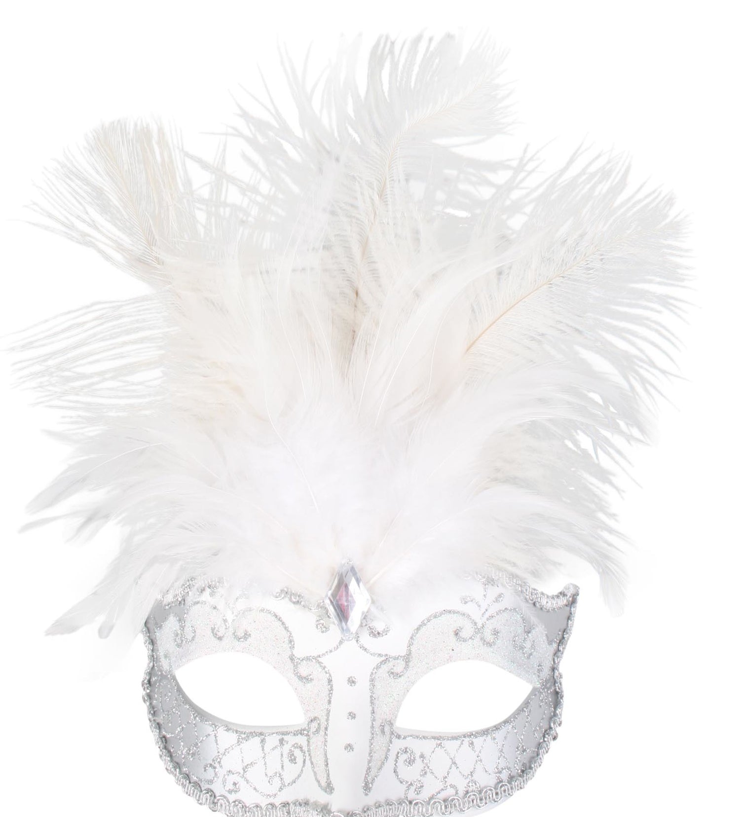 CARMELA WHITE & SILVER WITH FEATHERS EYE MASK masquerade ball