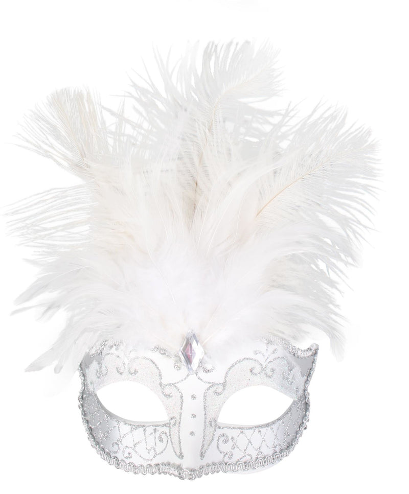 CARMELA WHITE & SILVER WITH FEATHERS EYE MASK masquerade ball