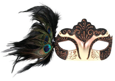 black & gold masquerade mask with peacock feathers