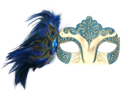 blue & gold masquerade mask with peacock feathers