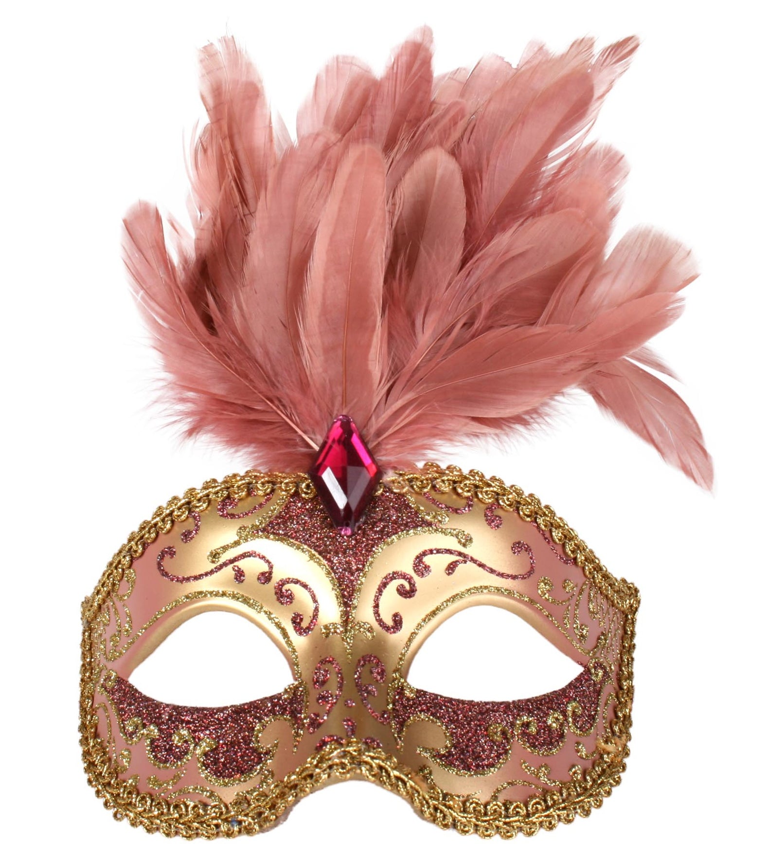 ISABELLA PINK & GOLD WITH FEATHERS EYE MASK masquerade ball 