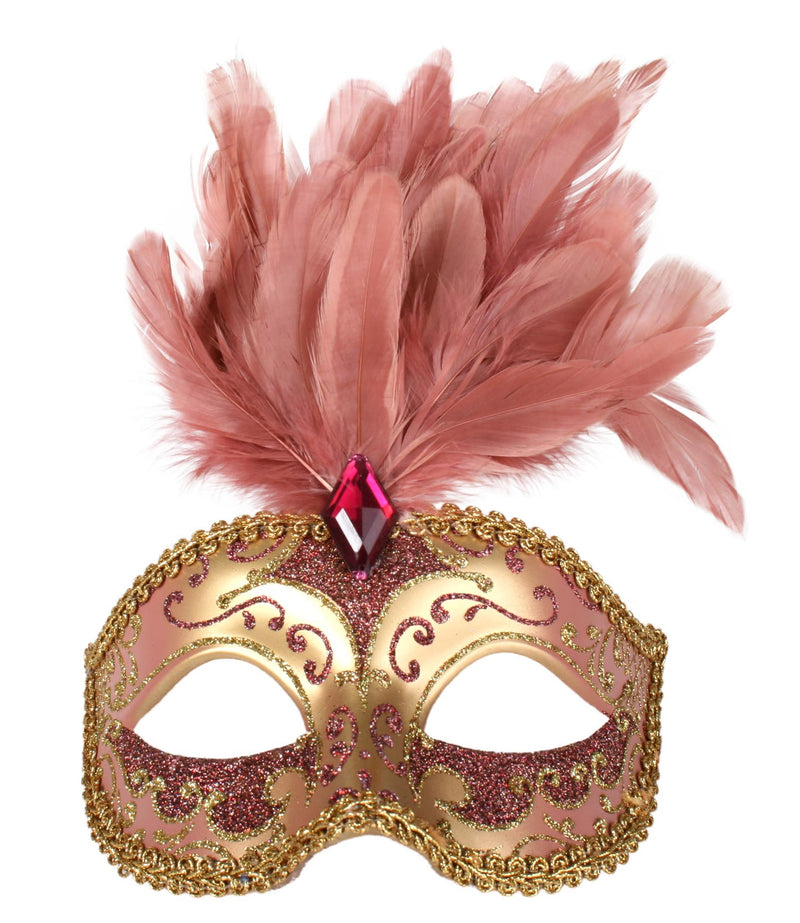 ISABELLA PINK & GOLD WITH FEATHERS EYE MASK masquerade ball 