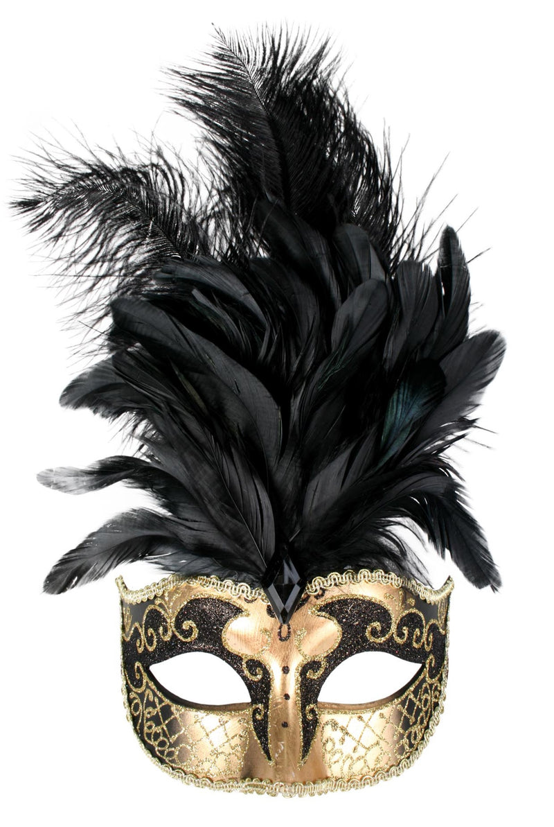 SIENNA BLACK & GOLD WITH FEATHERS EYE MASK masquerade ball