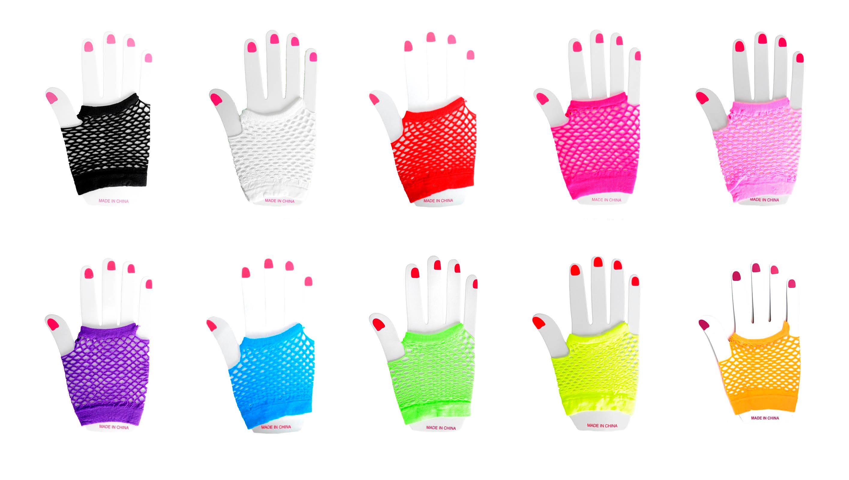 fingerless fishnet gloves 1980s 80s Madonna punk Cyndi Lauper character fancy dress up costume fun bride cancan chorus moulin rouge neon