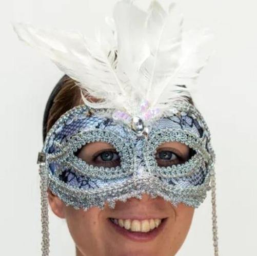 Mask - Silver with White Feathers  Dancewear Australia