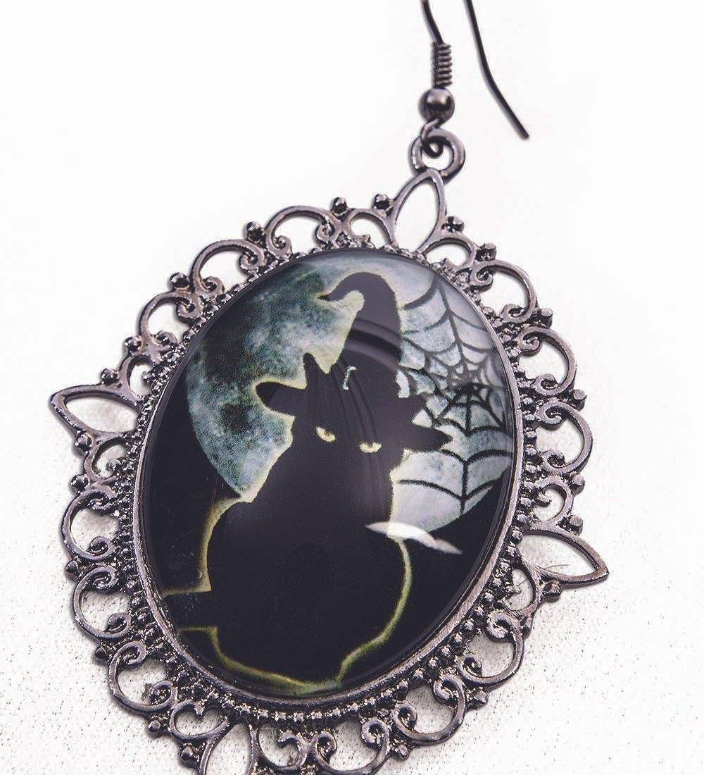 Witch & Wizard Cameo Earrings black cat halloween