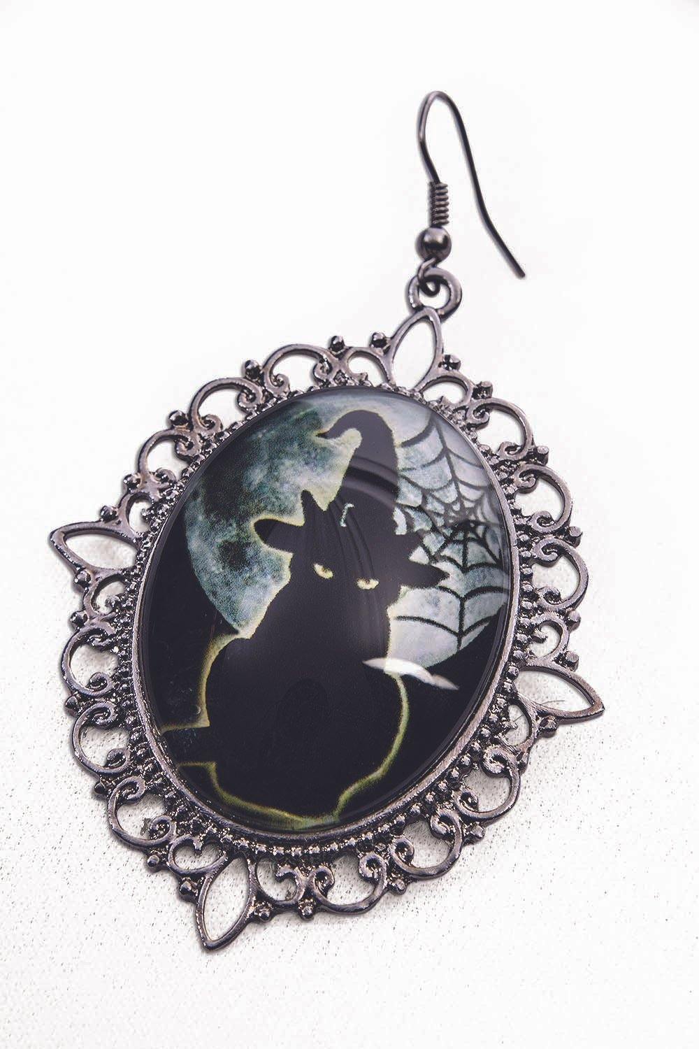 Witch & Wizard Cameo Earrings black cat halloween