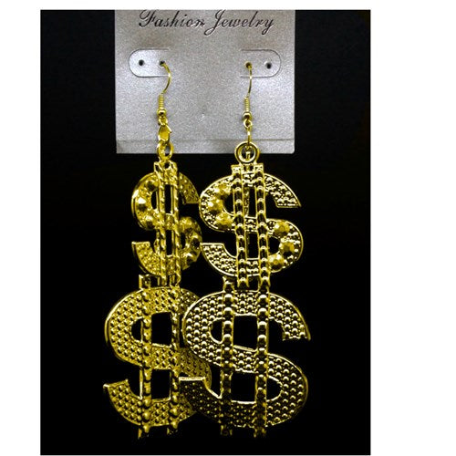 Gold Dollar Sign Earrings with diamontes