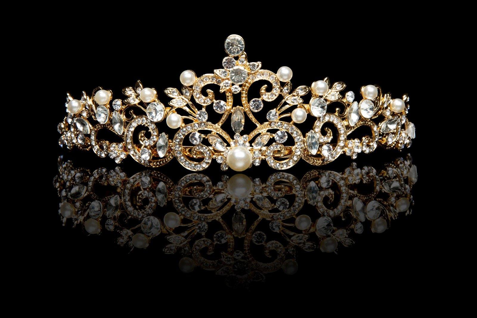 gold tiara mbellished with pearls and diamantes
