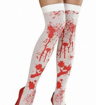bloody thigh high sexy tights, naughty nurse costume, halloween, bloody fake blood