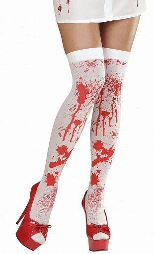 bloody thigh high sexy tights, naughty nurse costume, halloween, bloody fake blood