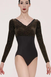 This long-sleeved leotard features a V-neck embellished with lace