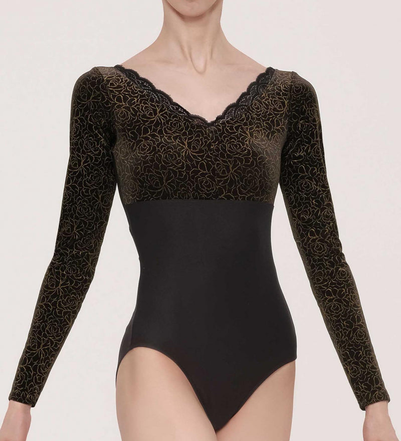 This long-sleeved leotard features a V-neck embellished with lace