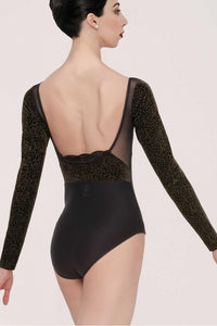 This long-sleeved leotard features a V-neck embellished with lace